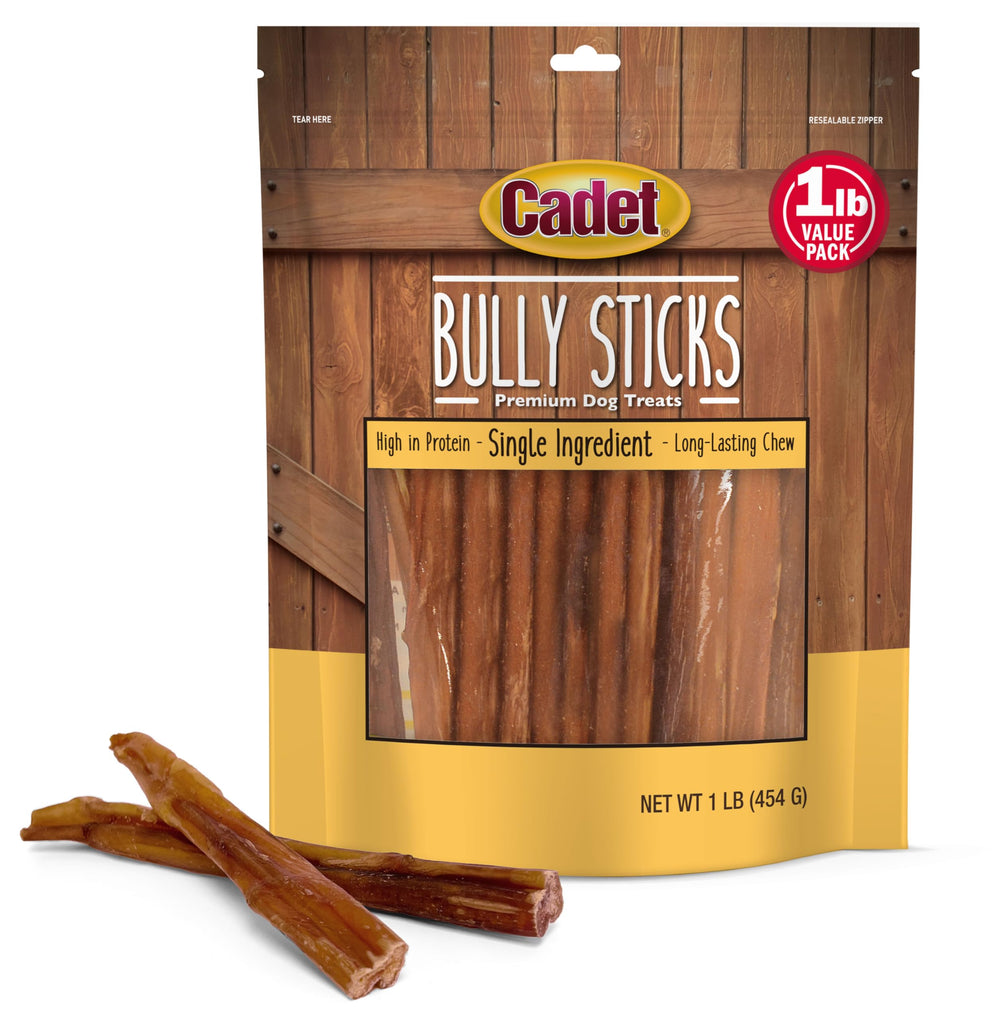 Cadet Bully Sticks for small dogs, 1lb pack, promotes long chew time.
