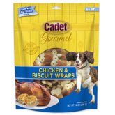 Cadet Gourmet chicken-wrapped-biscuit treats packaging highlights a savory training reward