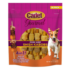 Cadet Gourmet Shish Kabob dog treats showing pork hide twist for long-lasting chew