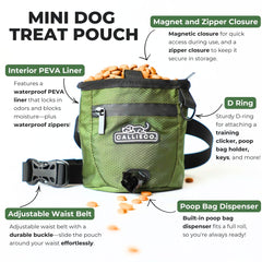 Callieco mini dog treat pouch with waterproof liner seals odors and moisture.