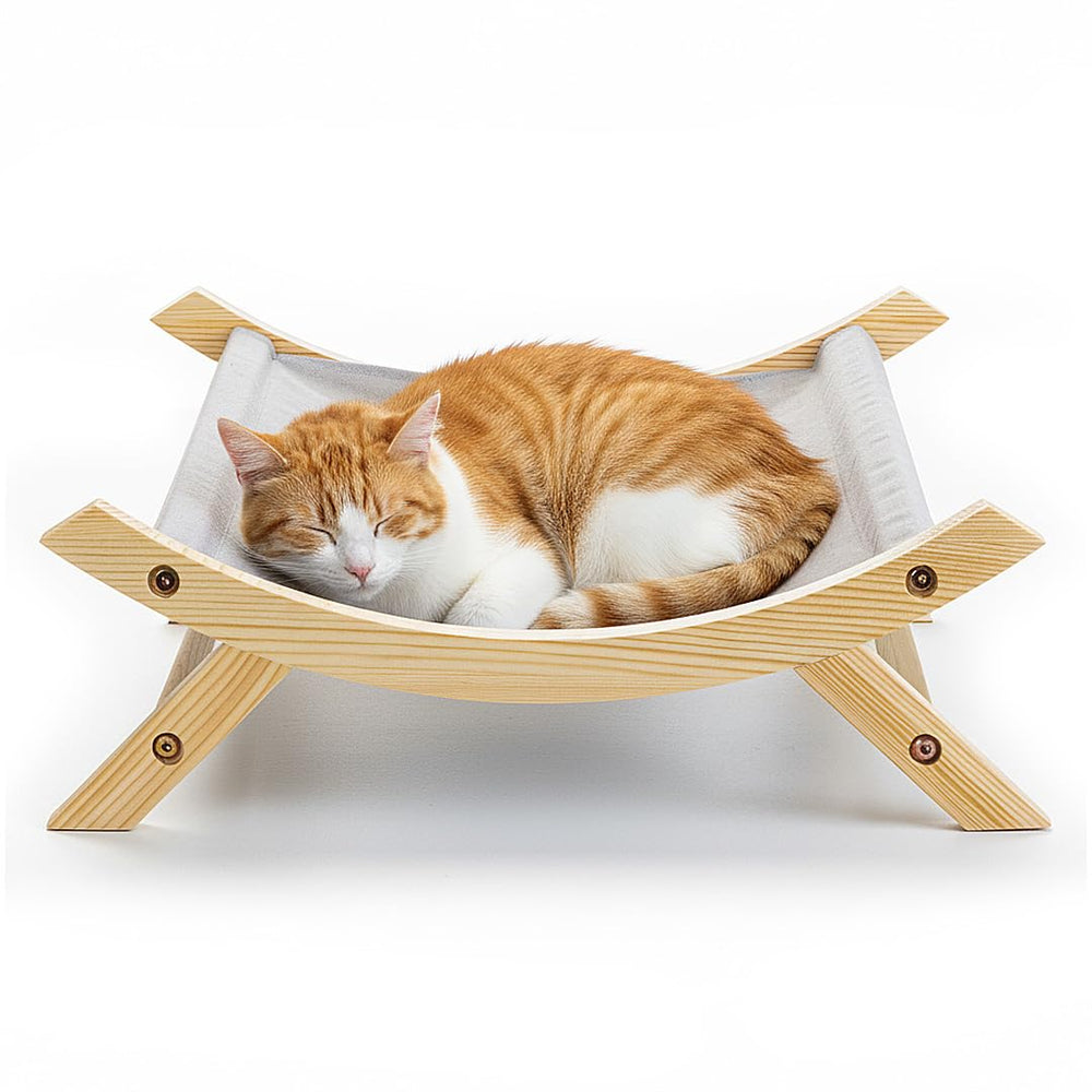 CallieCo wooden cat hammock frame offering sturdy elevation for comfortable lounging.