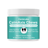Calmaxis Chews for dogs bottle closeup with calming mood support.