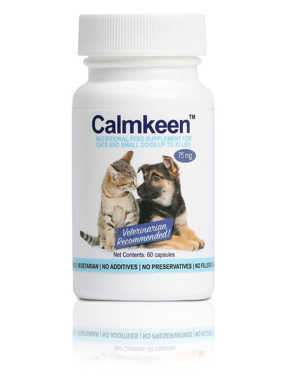 Calmkeen 75mg bottle front showing easy dosing for small pets.