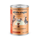 Canidae All Life Stages Lamb and Rice wet dog food can, protein-dense meal for dogs.
