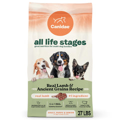 CANIDAE All Life Stages real lamb first ingredient kibble closeup showcases tasty, protein-rich nutrition.