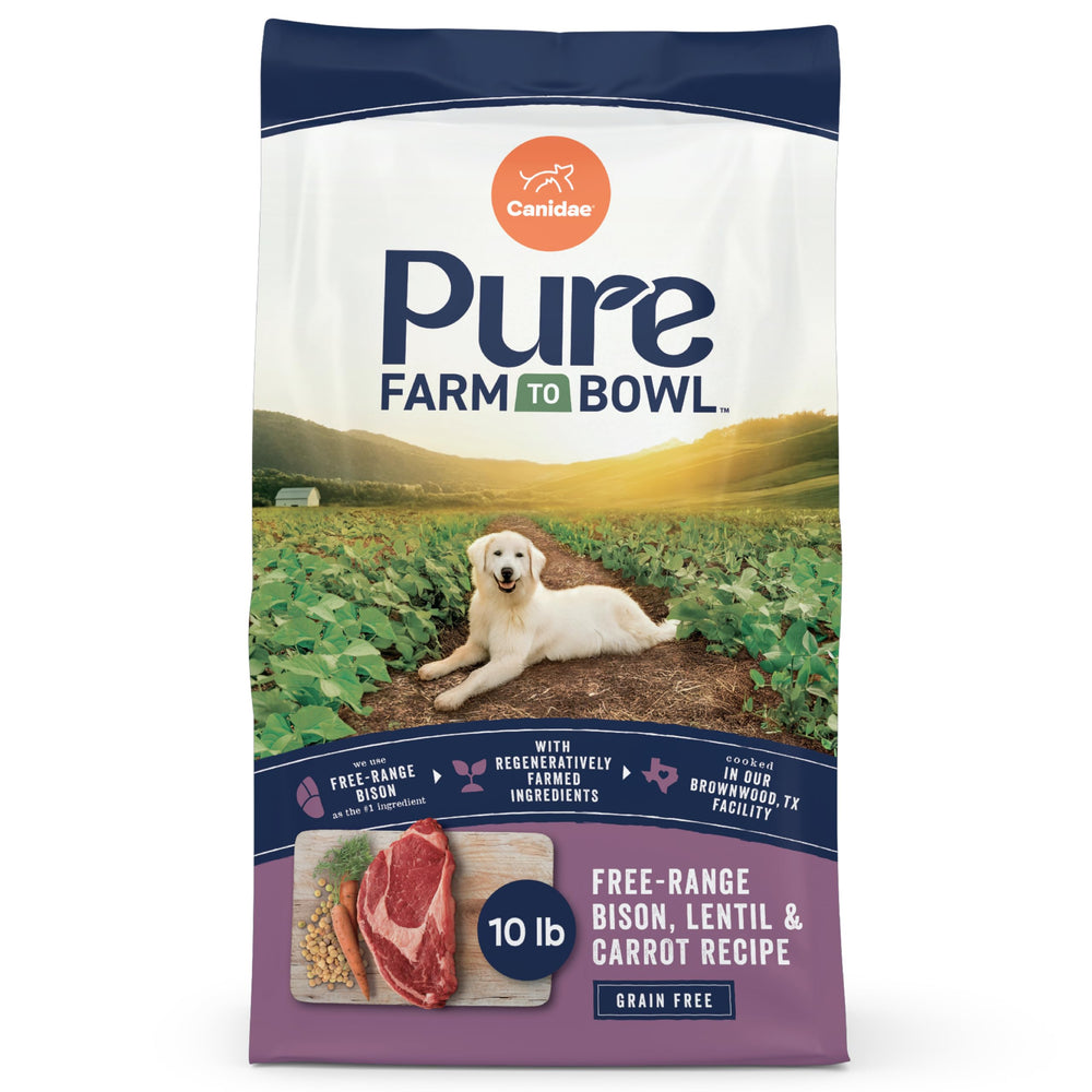 CANIDAE Pure Farm to Bowl bison bag front shows premium ingredients for clean nutrition.