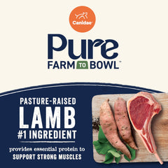 CANIDAE Pure Farm to Bowl lamb kibble in bowl for grain-free daily nutrition.