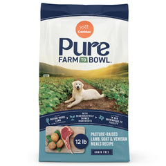 CANIDAE Pure Farm to Bowl image highlighting pasture-raised lamb as the main protein for muscle support