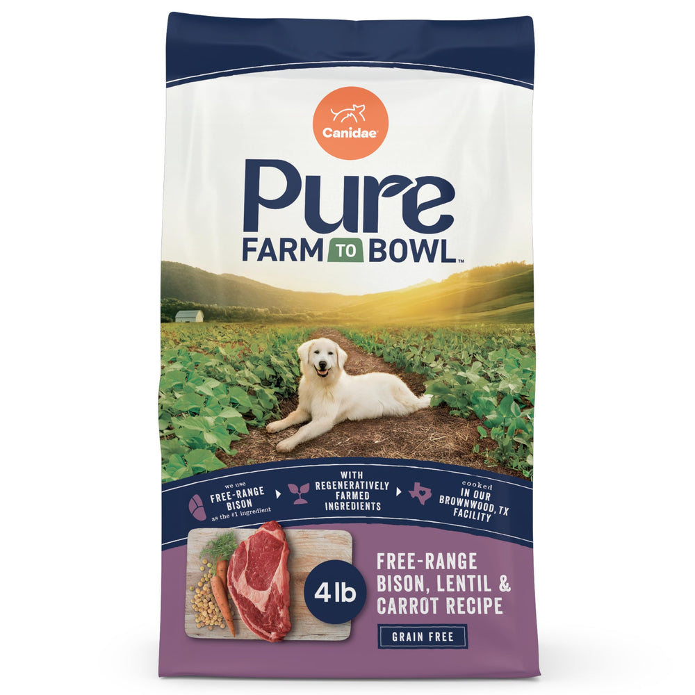 Canidae Pure free-range bison bag 4lb showcases premium protein for active dogs.