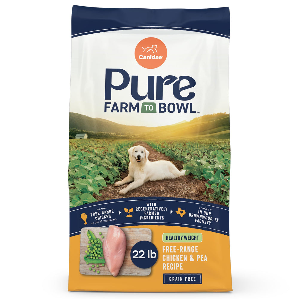CANIDAE Pure free-range chicken kibble bowl, lean protein for healthy weight.
