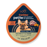 CANIDAE Pure Petite duck and pumpkin tubs offer premium small-breed portions.