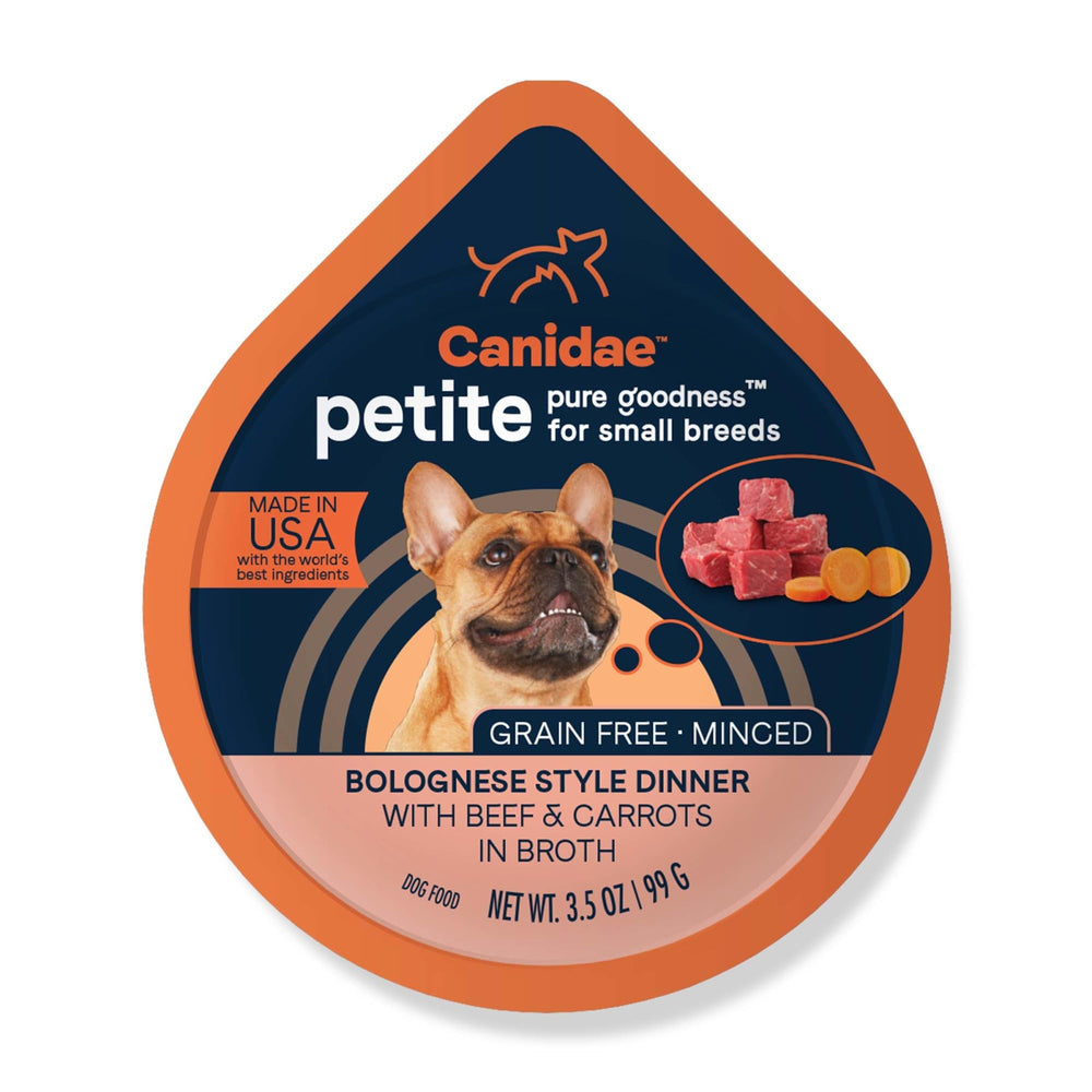 CANIDAE Pure Petite minced beef in broth tub—gentle on small dogs' stomachs.
