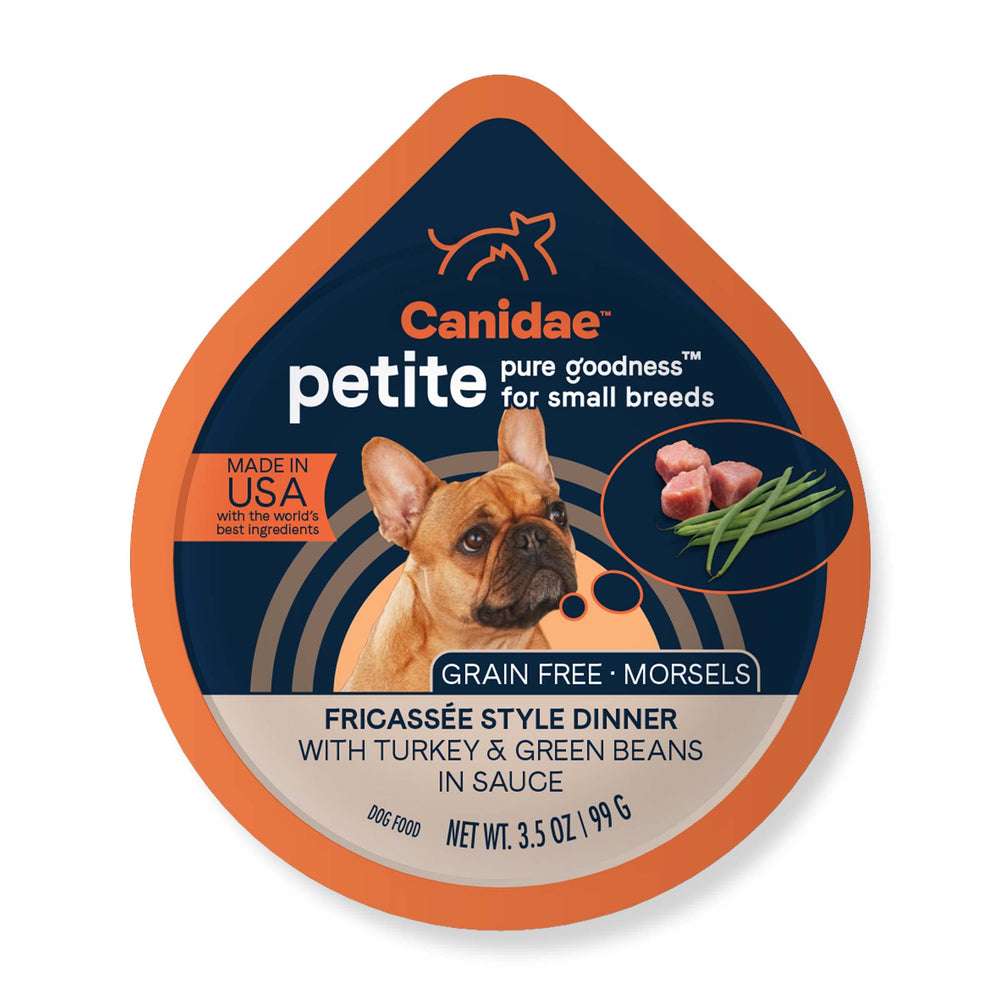CANIDAE Pure Petite turkey and green beans morsels in sauce tub, easy protein for small dogs.