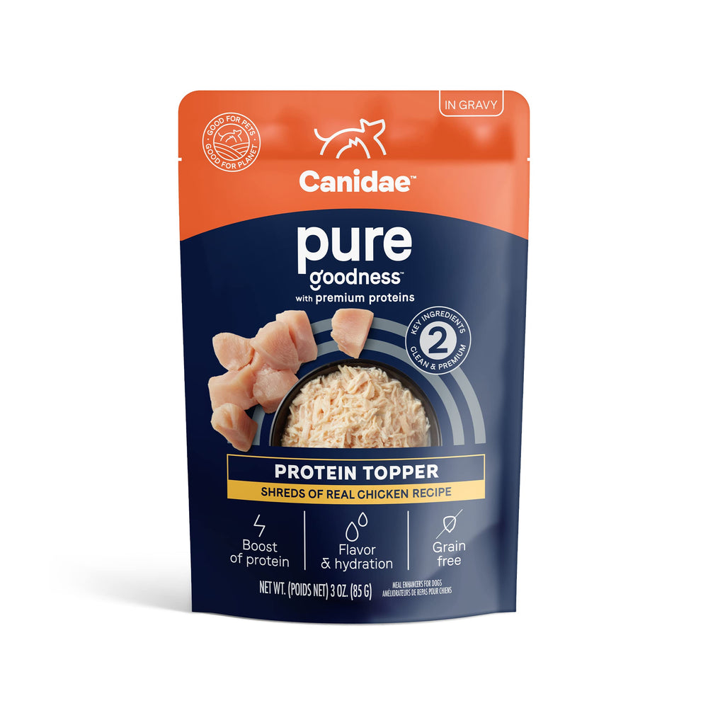 CANIDAE Pure Protein Topper with chicken shreds in gravy for small breeds.