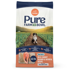 CANIDAE Pure Salmon & Oatmeal puppy bag shows a 22 lb bag of kibble for growth.