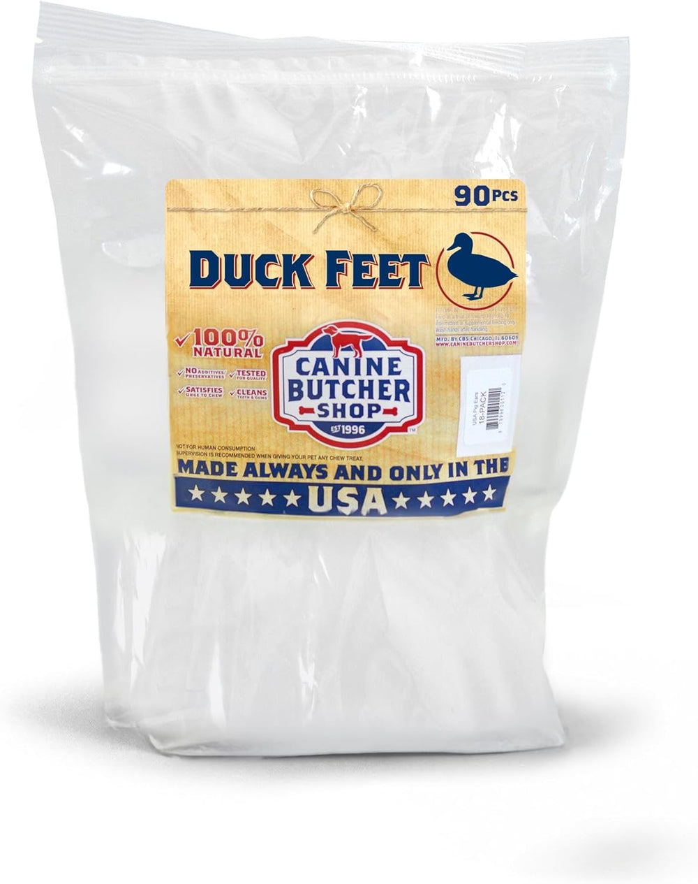 Canine Butcher Shop duck feet pack 90—USA-made chew for dogs that satisfies chewing needs.