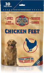 Canine Butcher Shop chicken feet 30-pack packshot, a natural chew for dogs.