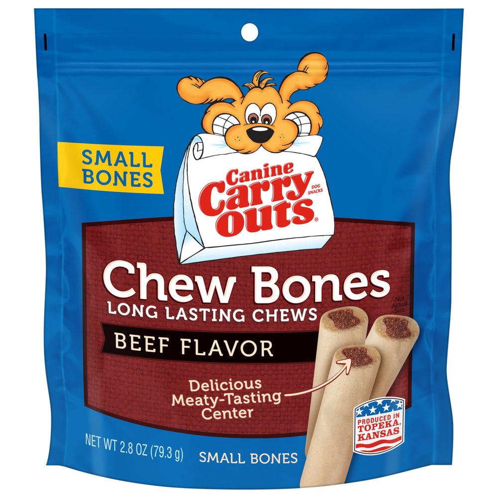 Canine Carry Outs beef chew bones in a pack, long lasting treats for dogs.