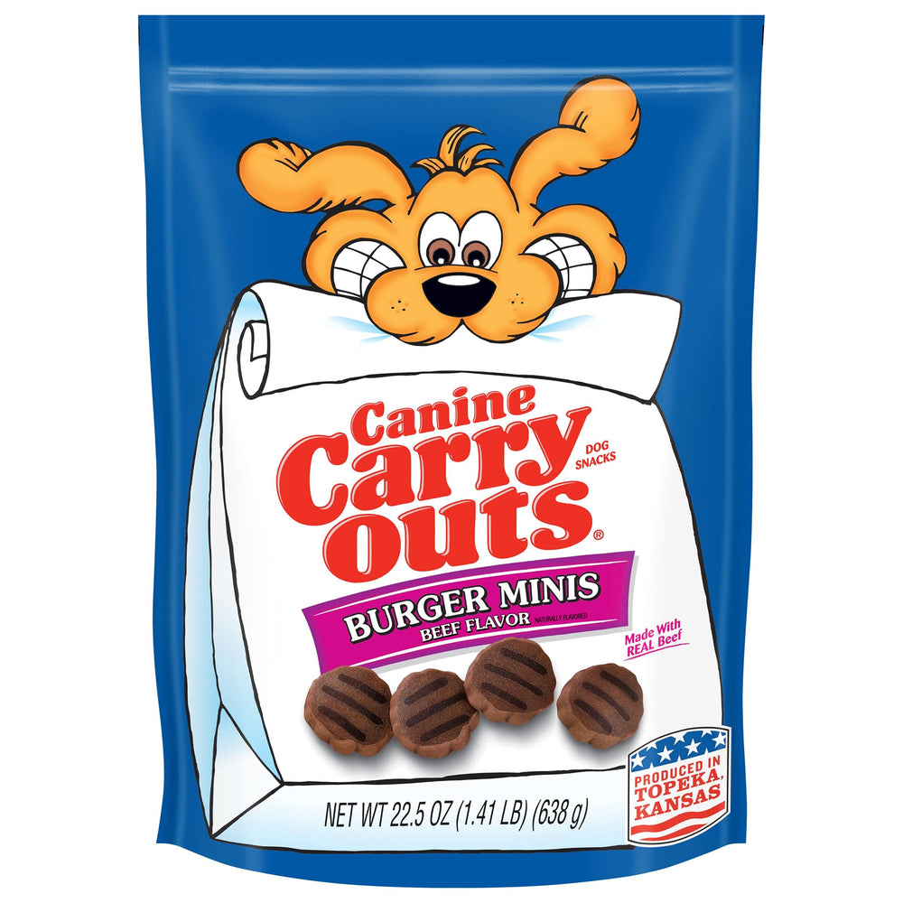 Canine Carry Outs Burger Minis Beef Flavor bag with soft, chewy dog treats for reward time.