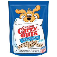 Canine Carry Outs Chicken Flavor dog treats in a bag showing real chicken for rewarding your dog.