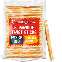 Canine Chews 5-inch chicken coated sticks for teething and protein.