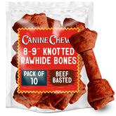 Canine Chews beef basted knotted rawhide bone 8-9 inch close-up for tough chewers