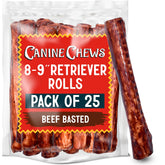 Canine Chews beef basted rawhide rolls 8-9in ideal for large dogs and long-lasting entertainment.