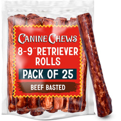 Canine Chews beef basted rawhide rolls 8-9in ideal for large dogs and long-lasting entertainment.