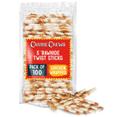 Canine Chews chicken-wrapped rawhide twist close-up, savory chew dogs enjoy.