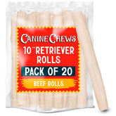 Canine Chews retriever rolls for large dogs, 10-inch length, 20-pack.
