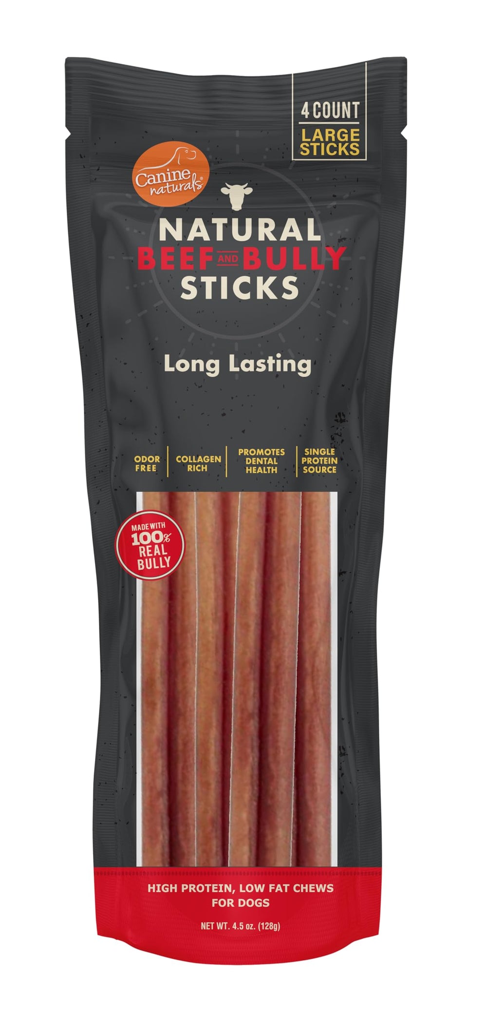 Canine Naturals beef bully stick large chews for strong chewers and dental support