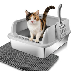 Canwyr stainless steel litter box with lid, front view shows secure containment.