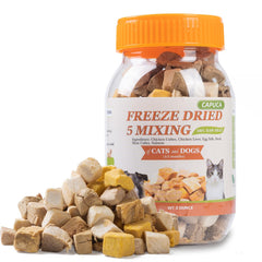 Capuca 5-in-1 freeze-dried treats jar front, ideal for on-the-go rewards.