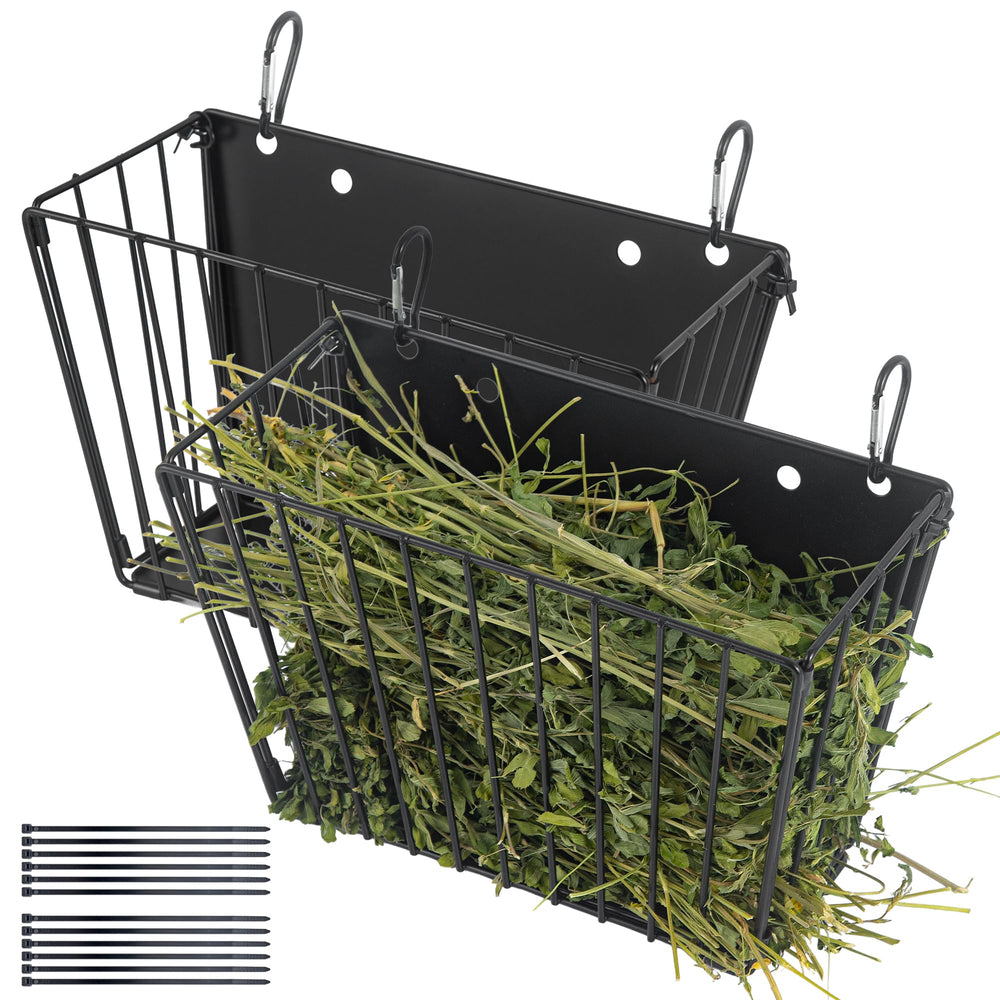CAIQINLI 2-pack rabbit hay feeder front view shows sturdy metal frame for daily use.