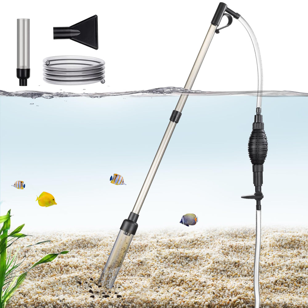 Carefree Fish gravel vacuum head cleans substrate for clearer tank water.