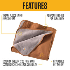 Carhartt Firm Duck Sherpa-Lined Blanket, reversible setup on a bed for dual use.