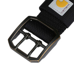 Close-up of double-pronged buckle on Carhartt collar for secure fit during pulls