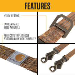 Carhartt leash shows rugged flat-nylon webbing for durable everyday use.