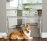 Carlson Easy Fit Dog Gate width adjustment demonstrates flexible 28–42 inch openings for doorways.