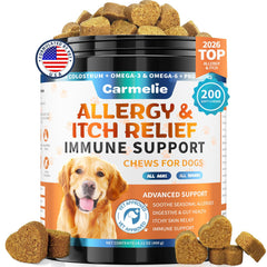 Carmelie allergy relief chews bottle close-up for itch relief and easy feeding