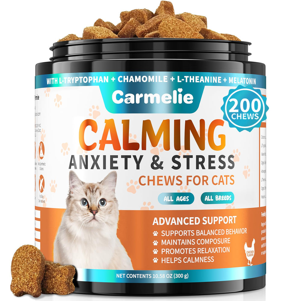 Carmelie calming treats bottle front for stress relief in cats