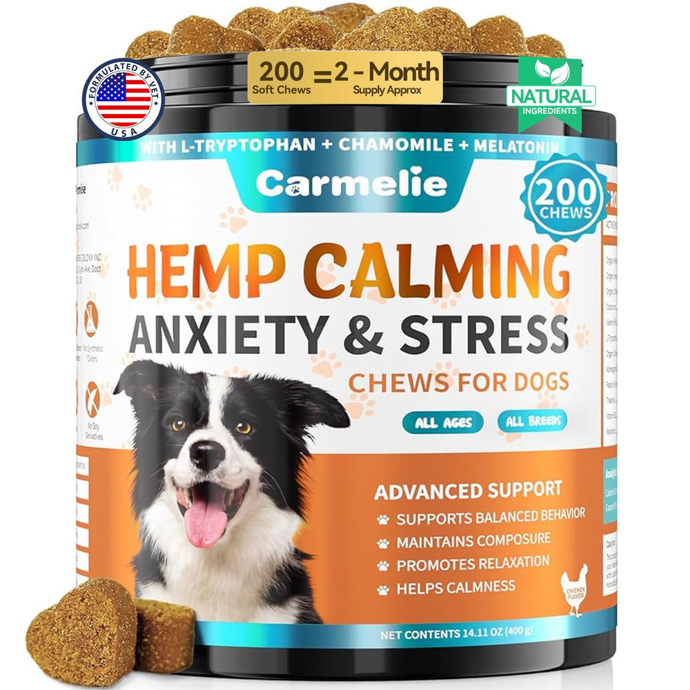 Carmelie dog calming chews packaging highlighting natural ingredients and chicken flavor.