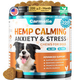 Carmelie dog calming chews packaging highlighting natural ingredients and chicken flavor.