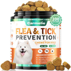 Carmelie flea chews pack open showing 200 treats for protection.