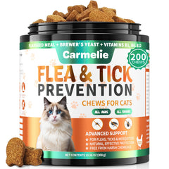 Carmelie flea and tick chews for cats packaging highlights natural ingredients for gentle protection