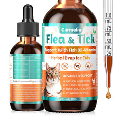 Carmelie flea-tick drops bottle shows easy-to-use kitty treatment for flea prevention.