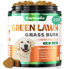 Carmelie Grass Burn Spot Chews bottle for easy daily dosing to protect your lawn.