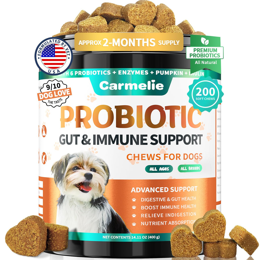 Carmelie Probiotics packaging showing 200 chews for easy daily care.