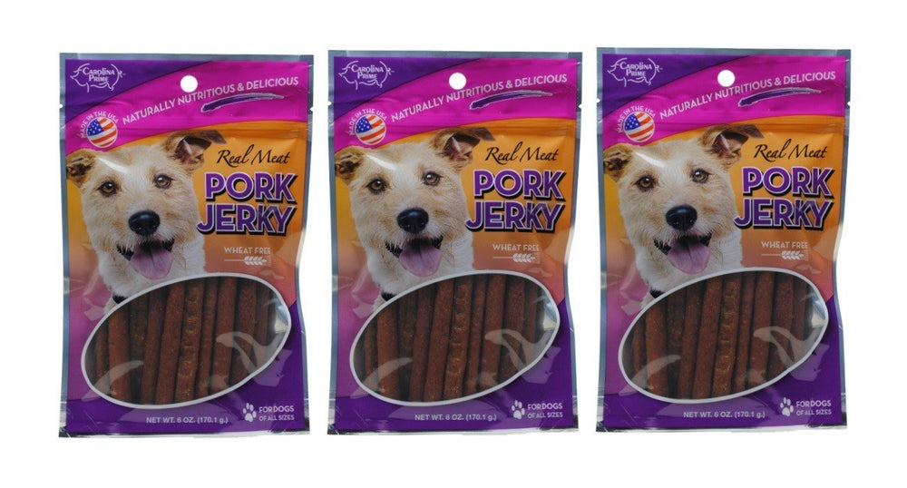 Carolina Prime Pork Jerky 3-Pack packaging highlights real ingredients for dogs.