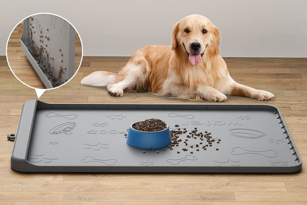 Carry360 dog food mat 36x24 keeps floors clean by catching spills and crumbs.